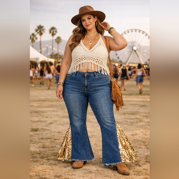 Lucky & Blessed Denim - Lucky & Blessed Size 16 Medium Wash Sequin Flared Jeans